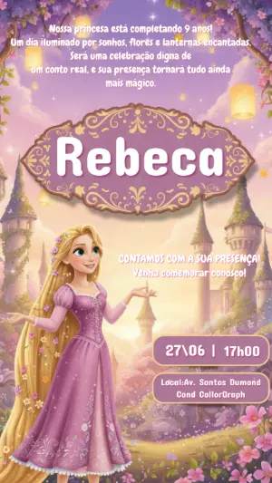 Convite de Aniversário Rapunzel Enrolados Editável Digital