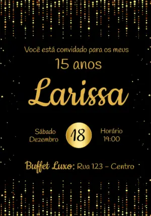 Convite de 15 Anos Preto e Dourado Elegante para Editar