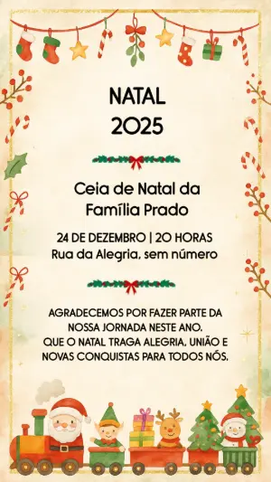 Convite de Natal Aquarela com Trem do Papai Noel para Editar