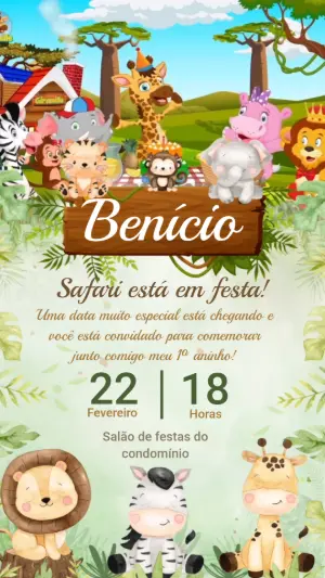 Convite Animado Aniversário Safari Fofo para Editar e Enviar