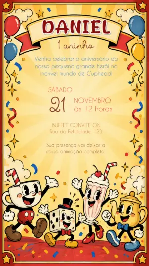 Convite de Aniversário Cuphead Retrô Digital Editável