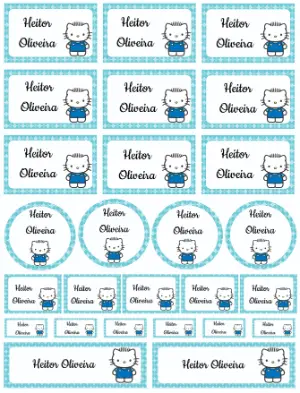 Etiquetas Escolares Editáveis Hello Kitty Menino Azul para Imprimir
