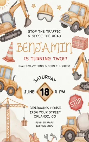 Construction Birthday Invitation Editable Template for Kids