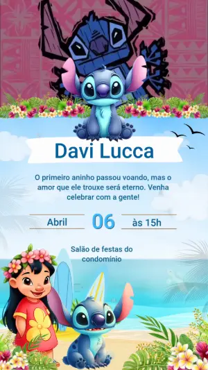 Convite Animado Lilo & Stitch Tropical para Aniversário Editável