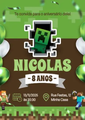 Convite de Aniversário Minecraft com Creeper para Editar Online