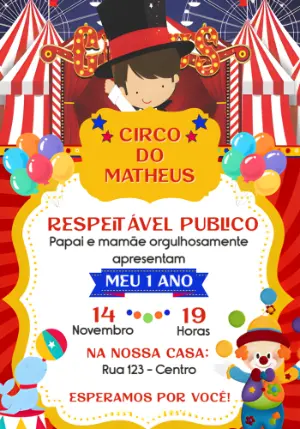 Convite Aniversário Tema Circo Vermelho para Editar Online