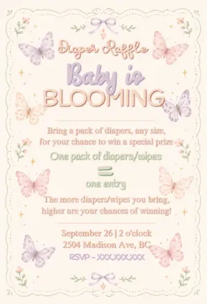 Butterfly Baby Shower Diaper Raffle Card | Editable Template