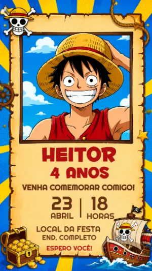 Convite de Aniversário One Piece Luffy Aventura para Editar