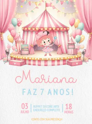 Convite Aniversário Circo Rosa para Editar Online