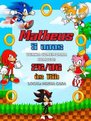 Convite de Aniversário Sonic e Turma Modelo Editável