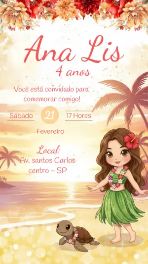 Convite Digital Festa Havaiana Tropical Editável para Menina