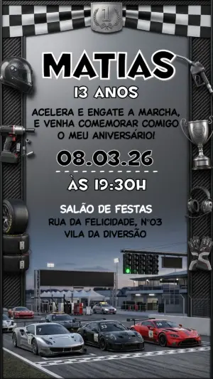 Convite de Aniversário Carros de Corrida Moderno para Editar