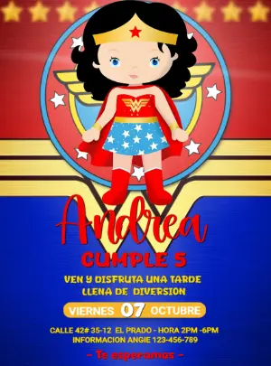Invitación de Cumpleaños Mujer Maravilla Infantil para Editar