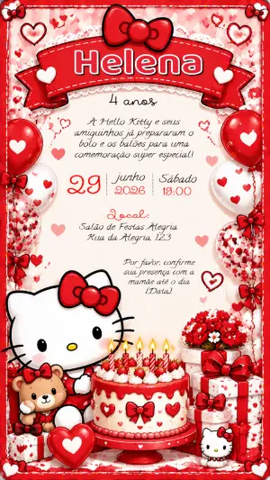 Convite de Aniversário Hello Kitty Vermelho para Editar