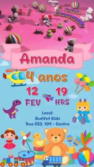 Convite Animado Aniversário Infantil Tema Brinquedos Coloridos