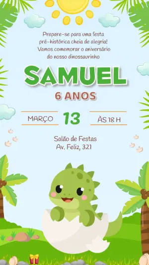 Convite de Aniversário Dinossauro Fofo para Editar
