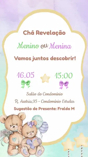 Convite Chá Revelação Ursinhos Lilás e Verde Editável