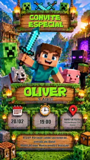 Convite de Aniversário Minecraft Editável para Festa de Jogos
