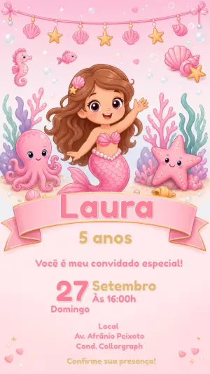 Convite Aniversário Sereia Rosa Editável para Menina