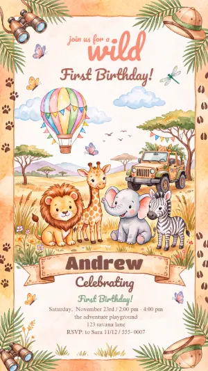 Wild One Safari First Birthday Invitation | Editable Template