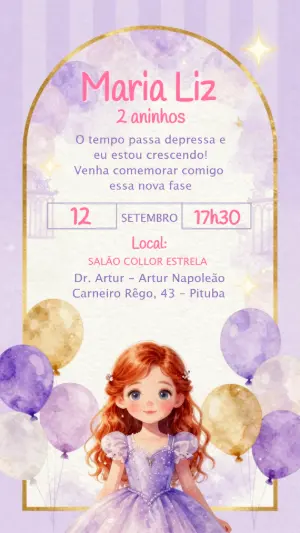 Convite de Aniversário Princesa Lilás e Dourado para Editar