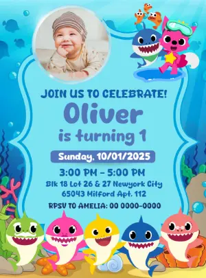 Baby Shark Birthday Invitation with Characters to Edit Online