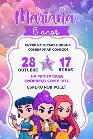 Convite de Aniversário K-pop Guerreiras Modelo Editável