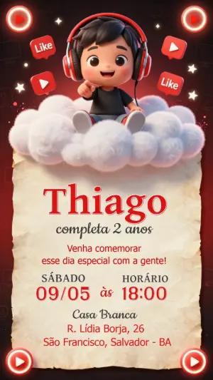 Convite de Aniversário Youtuber Menino Editável