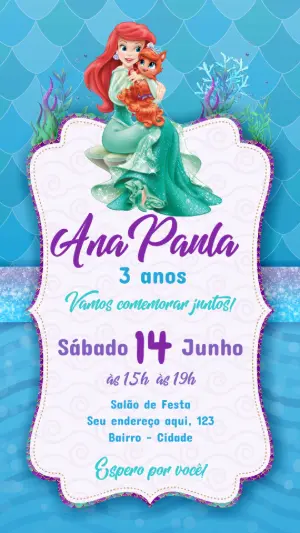 Convite Aniversário Pequena Sereia para Editar Online
