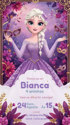 Convite Digital Festa Princesa Roxo e Dourado para Editar