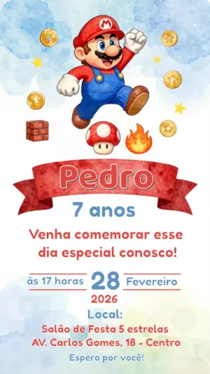 Convite de Aniversário Super Mario Aquarela Editável