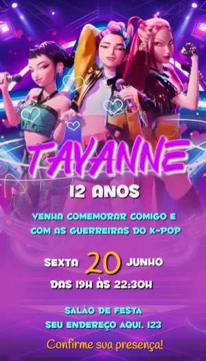 Invitation d'anniversaire KPop Demon Hunters – Statique – Convite digital - Edite você mesmo