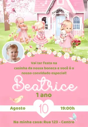 Convite Aniversário Casa de Bonecas com Foto para Editar Online