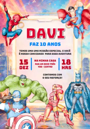Convite de Aniversário Super-Heróis Aquarela Editável