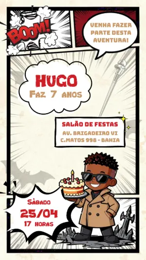 Convite de Aniversário Herói Detetive em Quadrinhos Editável