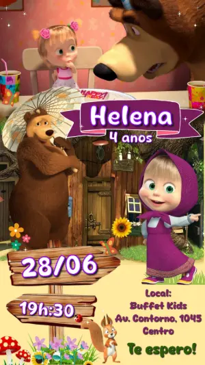 Convite Animado Aniversário Masha e o Urso para Editar