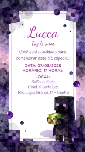 Convite Digital Aniversário Minecraft Enderman Editável