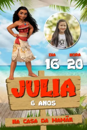 Convite Aniversário Moana com Foto para Editar Online