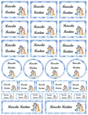 Etiquetas Escolares Bluey e Bingo em Azul para Editar e Imprimir