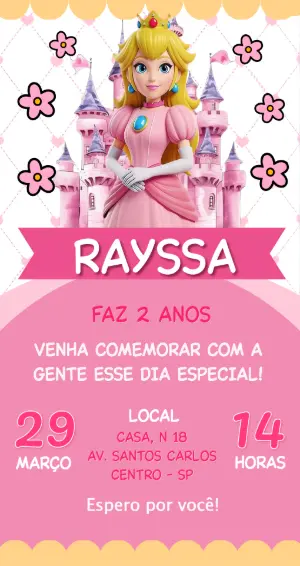 Convite de Aniversário Princesa Peach Rosa Editável