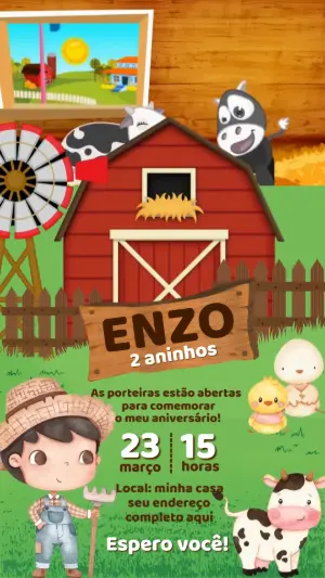 Convite Animado Aniversário Fazendinha Menino Modelo Editável