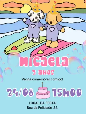 Convite de Aniversário Cachorrinhos Surfistas Editável Online