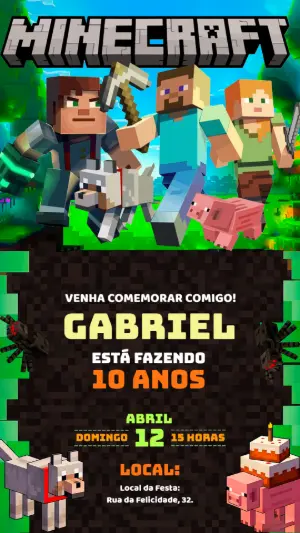 Convite de Aniversário Minecraft Pixelado para Editar