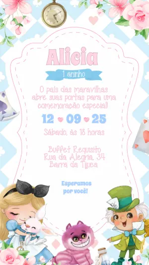 Convite Aniversário Alice no País das Maravilhas para Editar