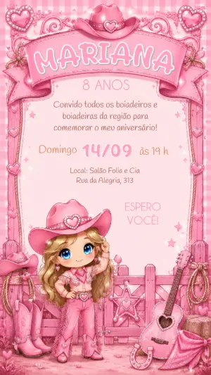 Convite de Aniversário Boiadeira Rosa Fofa para Editar