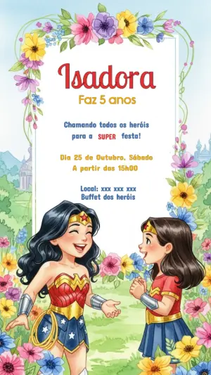 Convite de Aniversário Mulher Maravilha para Editar Online
