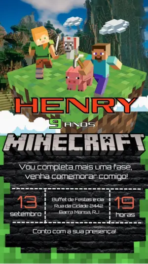 Convite de Aniversário Minecraft Editável para Festa Infantil