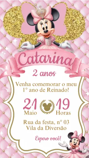Convite Aniversário Minnie Realeza Rosa e Dourado Editável