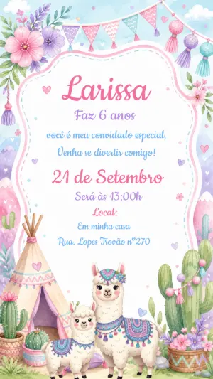 Convite de Aniversário Lhama Aquarela para Editar