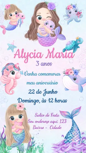 Convite Aniversário Sereia Fundo do Mar para Editar Online